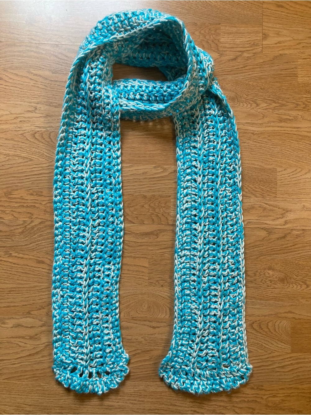 Hand Knit Chunky Teal & White Crochet Scarf